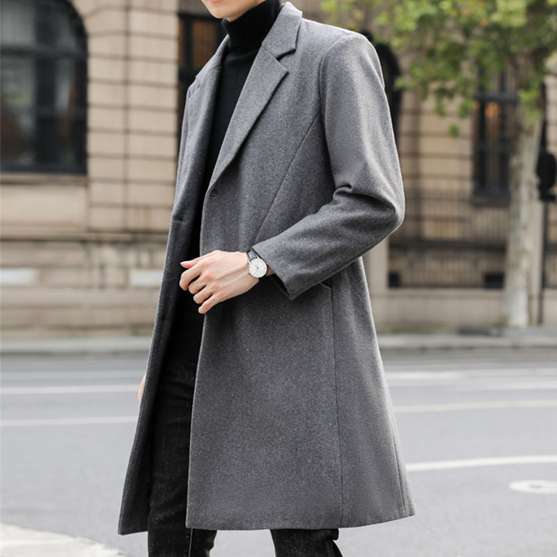 Men's Long Elegant Single-Breasted Wool Blend Coat with Classic Lapel Chichicherry