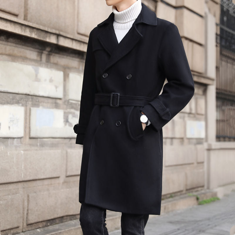 Men's Double-Breasted Wool Coat with Waist Belt and Classic Lapel Chichicherry