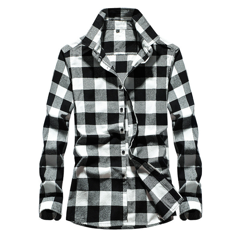 Men's Check Flannel Shirt Slim Fit with Stand Collar, Thermal Cotton Blend and Visible Button Placket Chichicherry