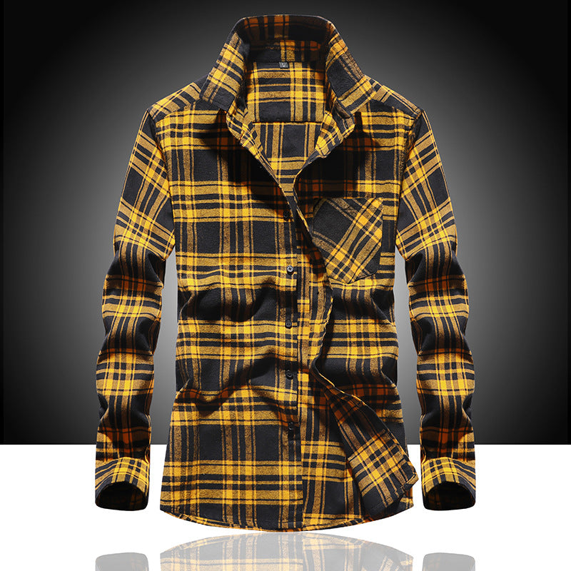 Men's Check Flannel Shirt Long Sleeve Cotton Blend with Chest Pocket and Kent Collar Chichicherry