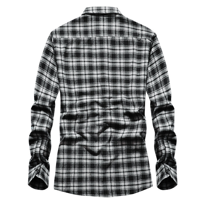 Men's Check Flannel Shirt Long Sleeve Cotton Blend with Chest Pocket and Kent Collar Chichicherry