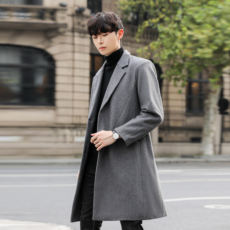 Men's Single-Breasted Wool Blend Long Coat with Slim Lapels and Minimalist Silhouette Chichicherry