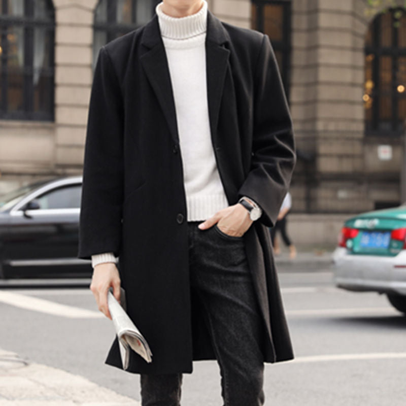 Men's Long Elegant Single-Breasted Wool Blend Coat with Classic Lapel Chichicherry