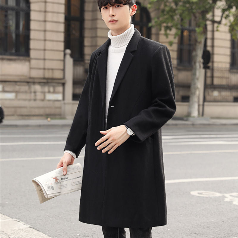 Men's Single-Breasted Wool Blend Long Coat with Slim Lapels and Minimalist Silhouette Chichicherry