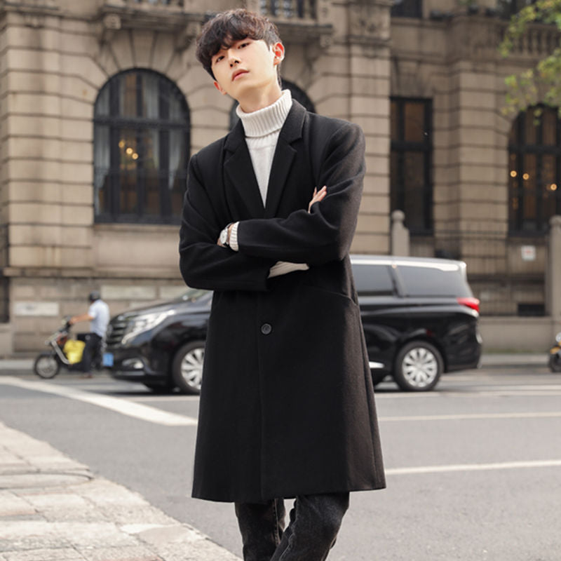 Men's Elegant Long Coat made of Wool Blend with Concealed Button Placket and Back Vent Chichicherry