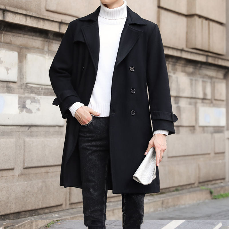Men's Double-Breasted Wool Coat with Waist Belt and Classic Lapel Chichicherry