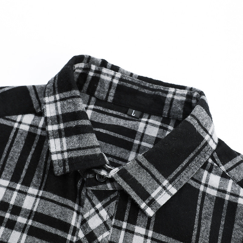 Men's Check Flannel Shirt Slim Fit with Stand Collar, Thermal Cotton Blend and Visible Button Placket Chichicherry