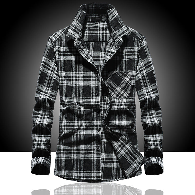 Men's Check Flannel Shirt Long Sleeve Cotton Blend with Chest Pocket and Kent Collar Chichicherry