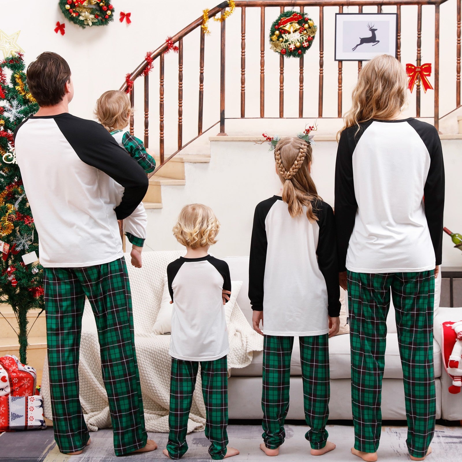 Christmas Family Pajama Set with Checkered Pattern, Long Sleeves