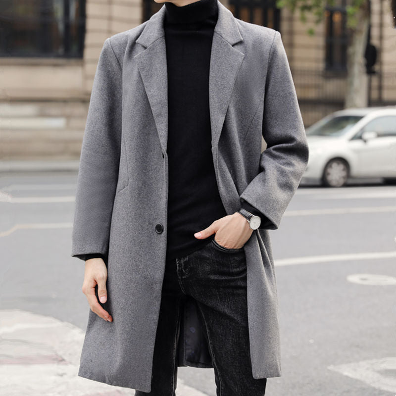 Men's Long Elegant Single-Breasted Wool Blend Coat with Classic Lapel Chichicherry