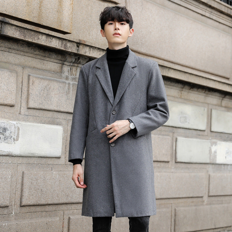 Men's Single-Breasted Wool Blend Long Coat with Slim Lapels and Minimalist Silhouette Chichicherry