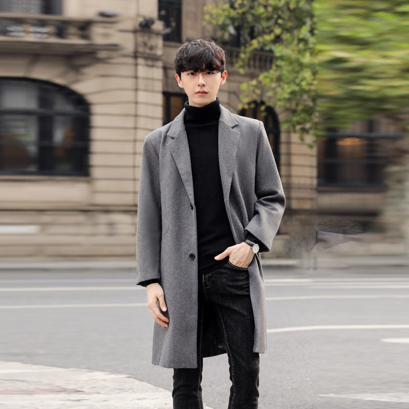Men's Single-Breasted Wool Blend Long Coat with Slim Lapels and Minimalist Silhouette Chichicherry