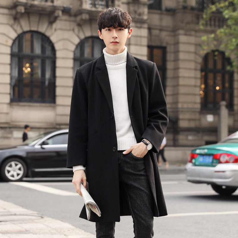 Men's Single-Breasted Wool Blend Long Coat with Slim Lapels and Minimalist Silhouette Chichicherry