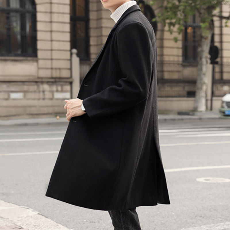 Men's Long Elegant Single-Breasted Wool Blend Coat with Classic Lapel Chichicherry