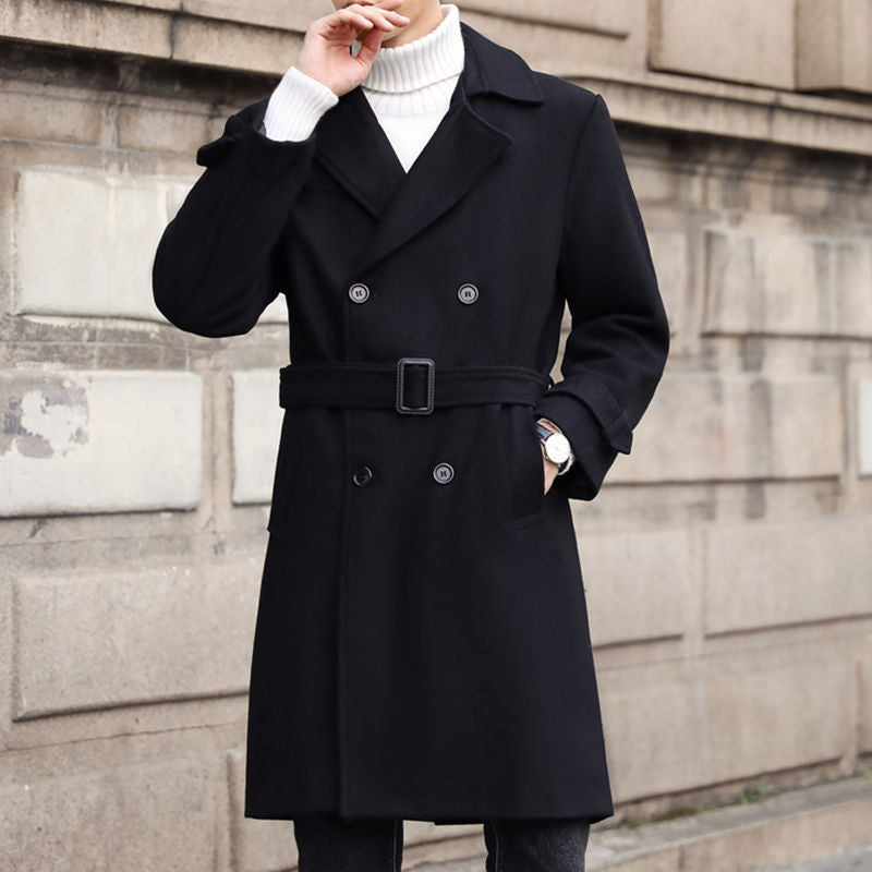 Men's Double-Breasted Wool Coat with Waist Belt and Classic Lapel Chichicherry