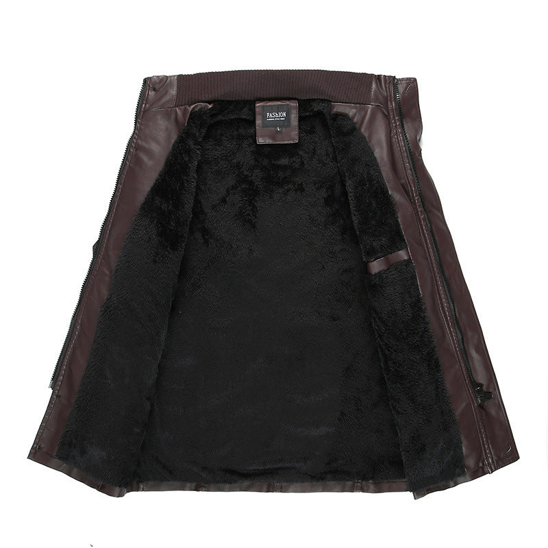 Men's leather jacket with teddy lining, waist belt, and stand-up collar Chichicherry
