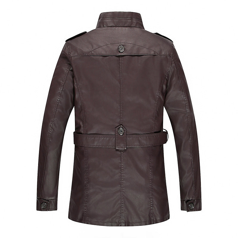 Men's leather jacket with teddy lining, waist belt, and stand-up collar Chichicherry