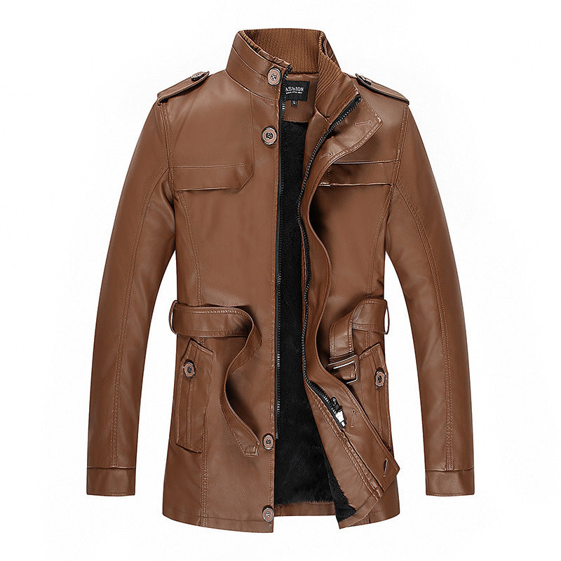 Men's leather jacket with teddy lining, waist belt, and stand-up collar Chichicherry