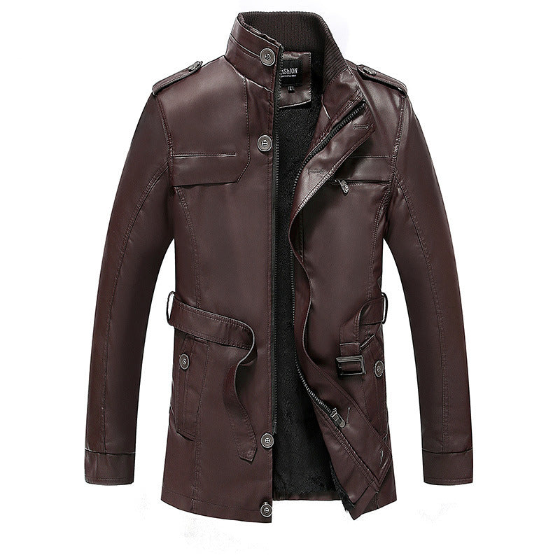 Men's leather jacket with teddy lining, waist belt, and stand-up collar Chichicherry