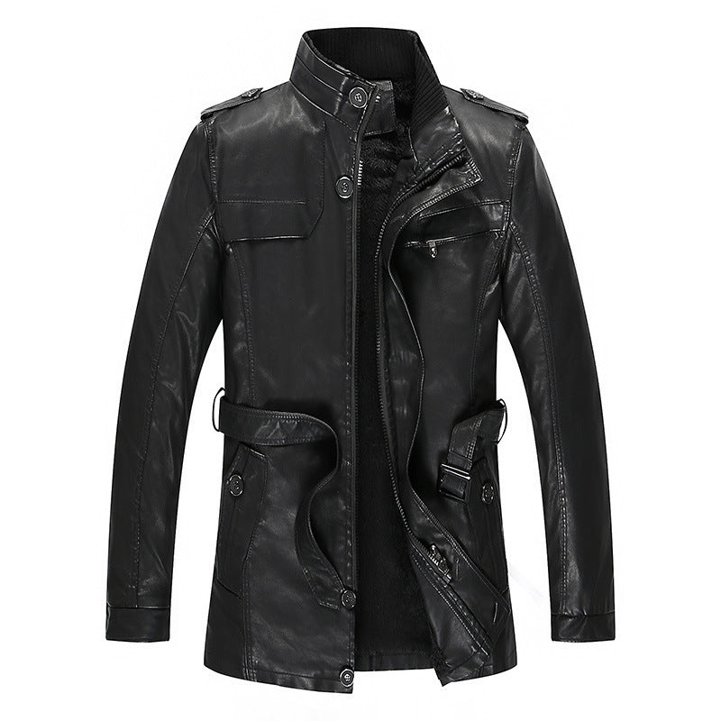 Men's leather jacket with teddy lining, waist belt, and stand-up collar Chichicherry