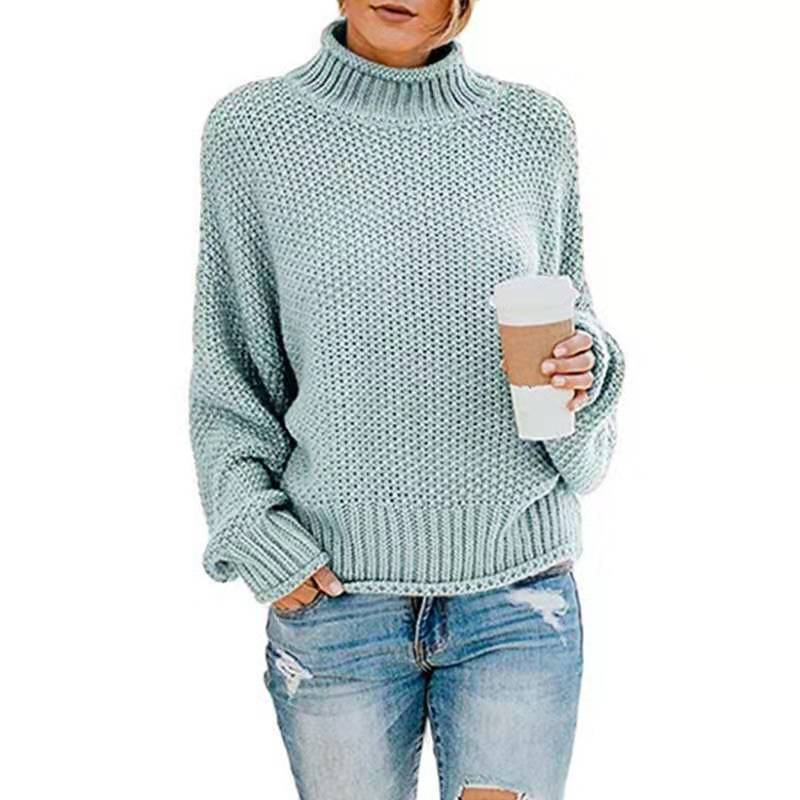 Women Chunky Knit Boxy Turtleneck Sweater with Textured Waffle Look and Ribbed Hem Chichicherry