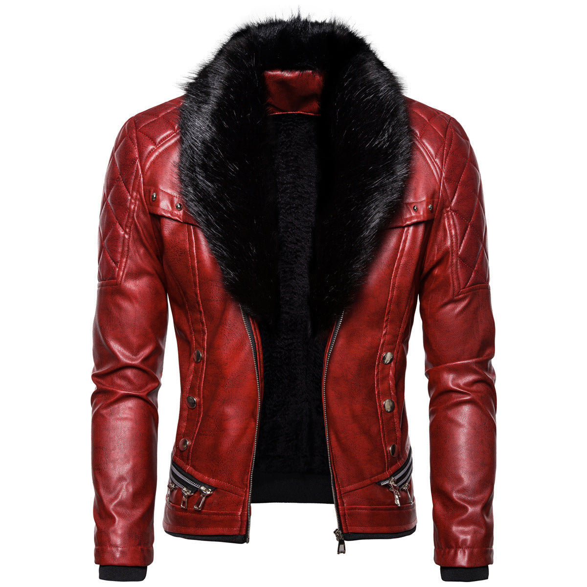 Men's biker leather jacket in vintage look with quilted shoulder and wide faux fur collar Chichicherry