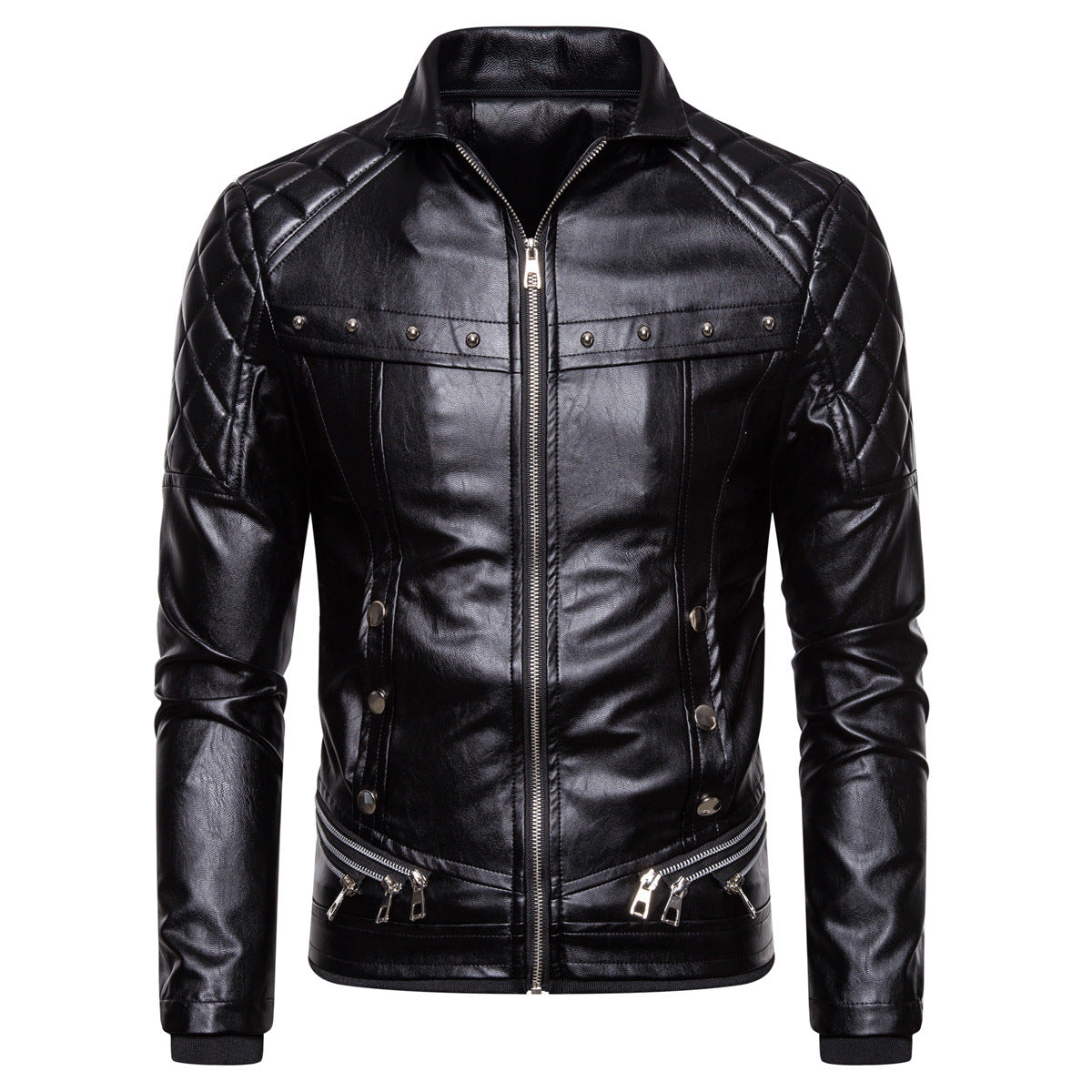 Men's biker leather jacket in vintage look with quilted shoulder and wide faux fur collar Chichicherry