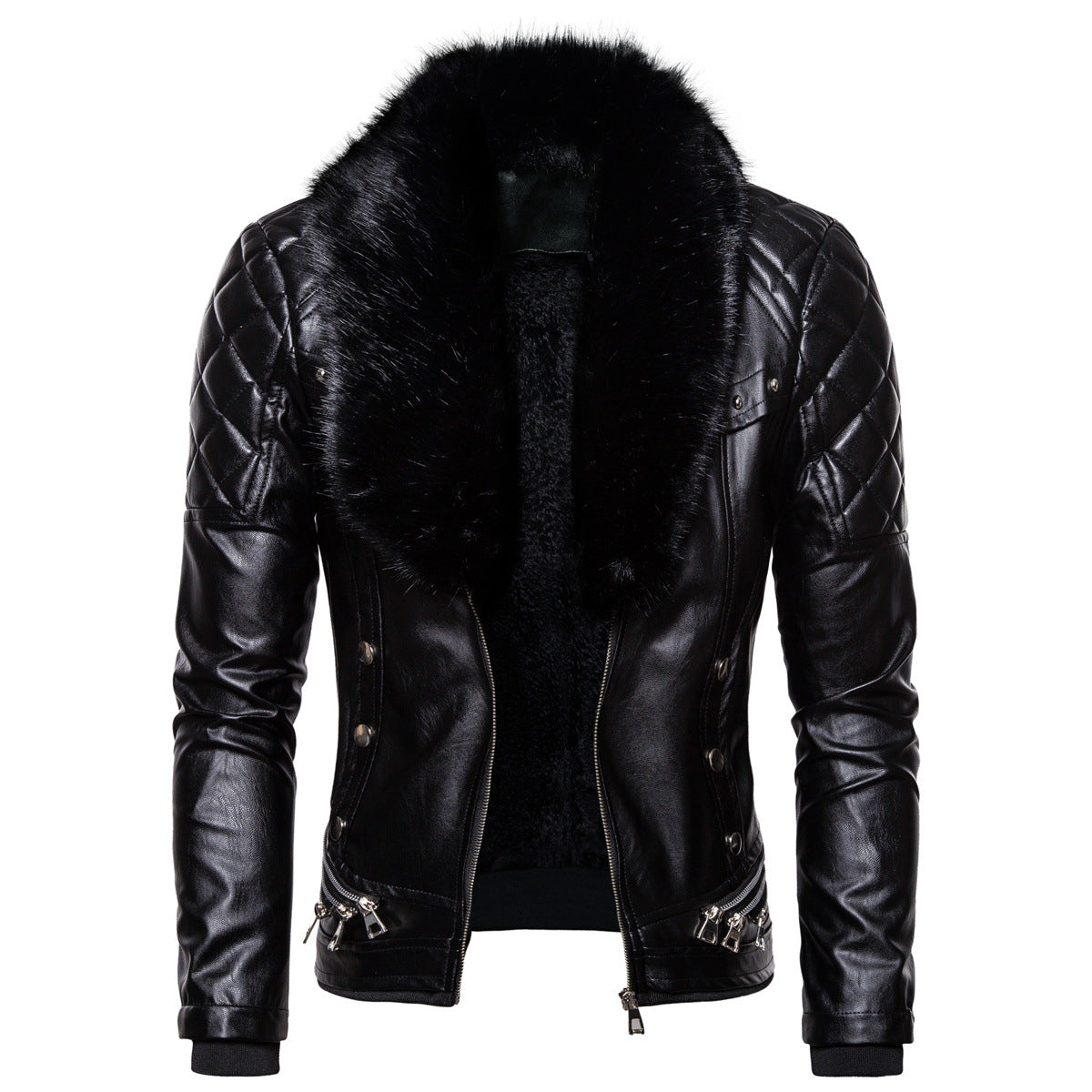 Men's biker leather jacket in vintage look with quilted shoulder and wide faux fur collar Chichicherry