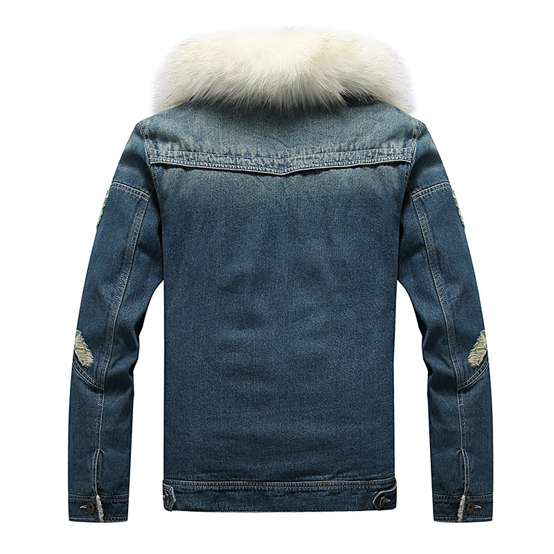 Men's Denim Utility Jacket with Fleece Lining and Prominent Faux Fur Collar Chichicherry
