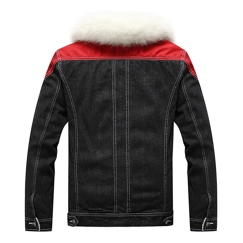 Men's Denim Worker Jacket with Faux Fur Collar, Teddy Lining and Red Shoulder Patches Chichicherry