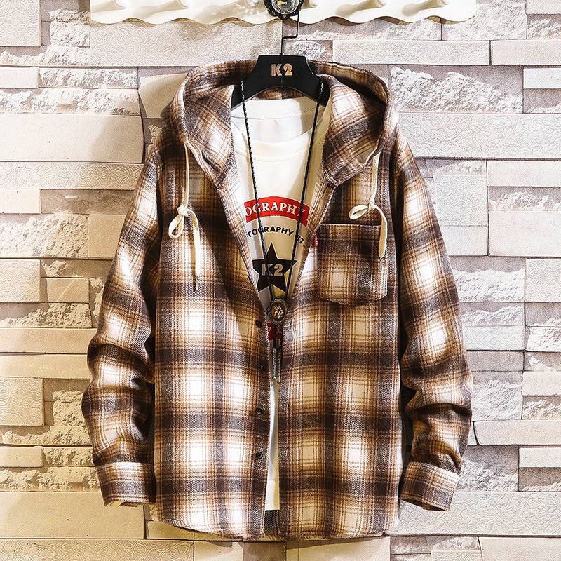 Men's Checked Flannel Overshirt-Hoodie with Hood and Chest Pocket Chichicherry