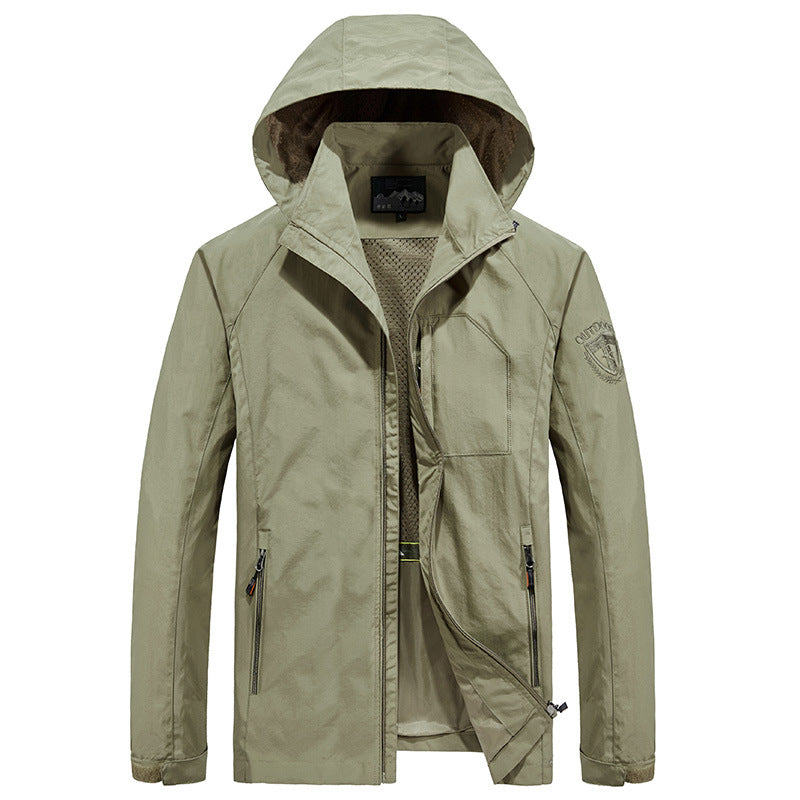 Men's Lightweight Softshell Outdoor Jacket with Hood, Breathable Mesh Lining and Zippered Chest Pocket Chichicherry