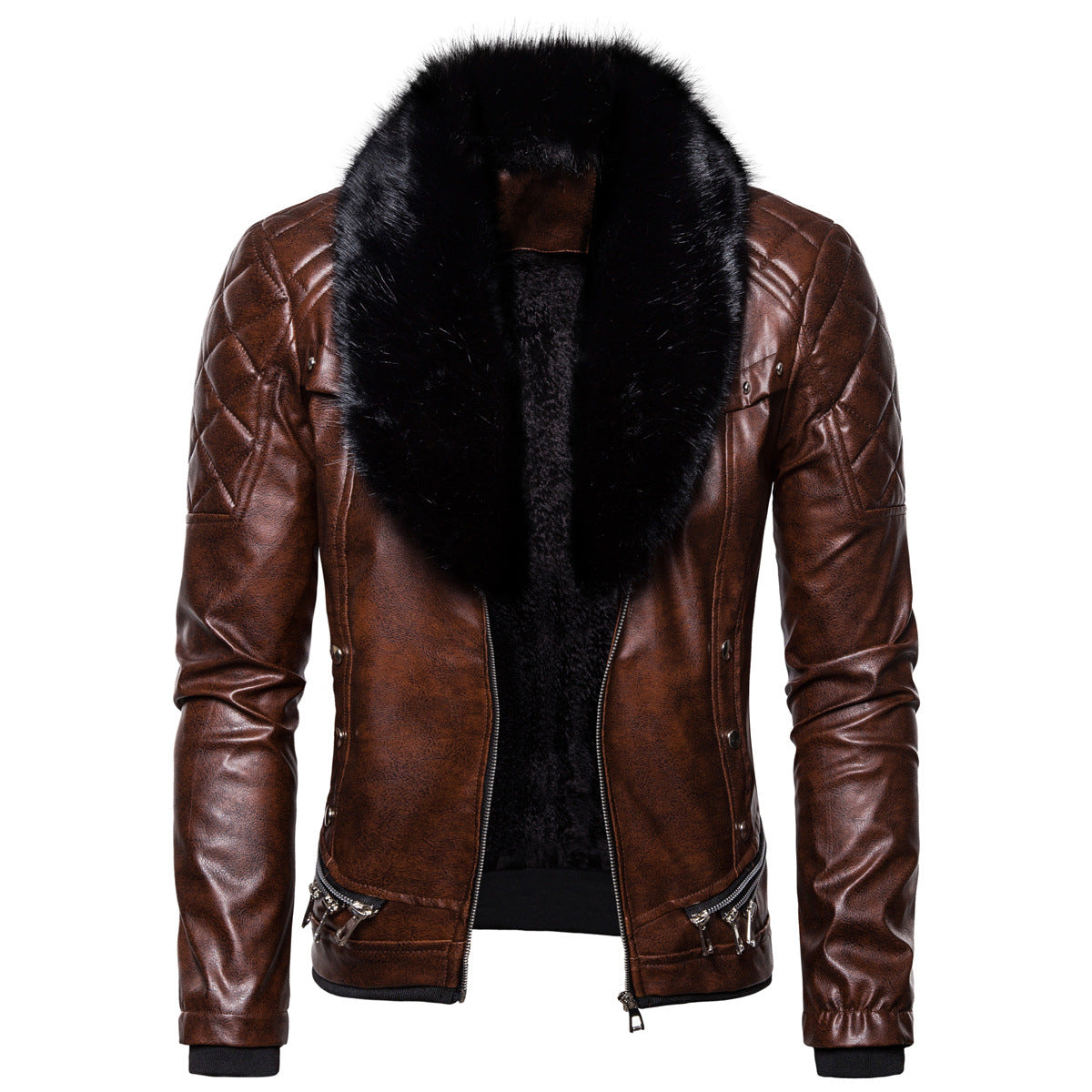 Men's biker leather jacket in vintage look with quilted shoulder and wide faux fur collar Chichicherry