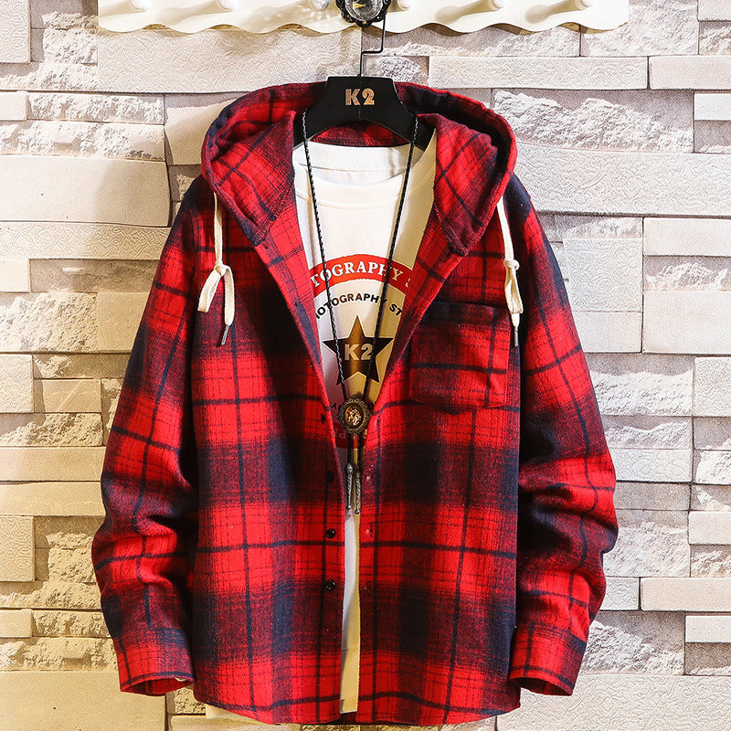 Men's Check Flannel Hoodie Overshirt with Hood, Chest Pocket and Button Placket Chichicherry