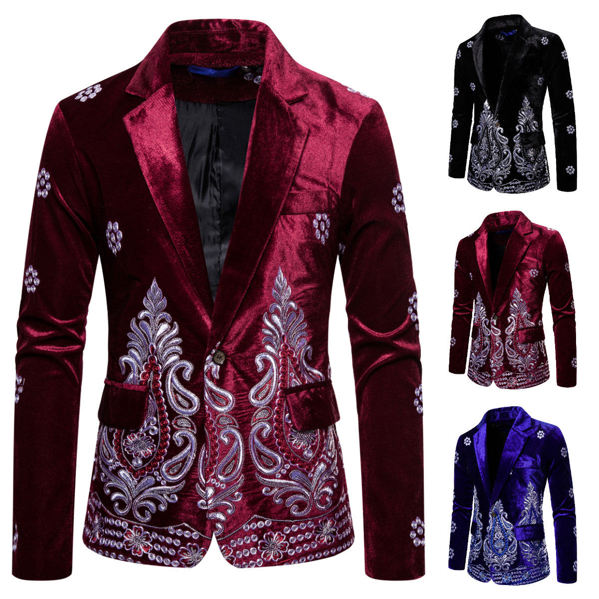 Men's Velvet Blazer with Elaborate Embroidery and Shawl Collar Chichicherry