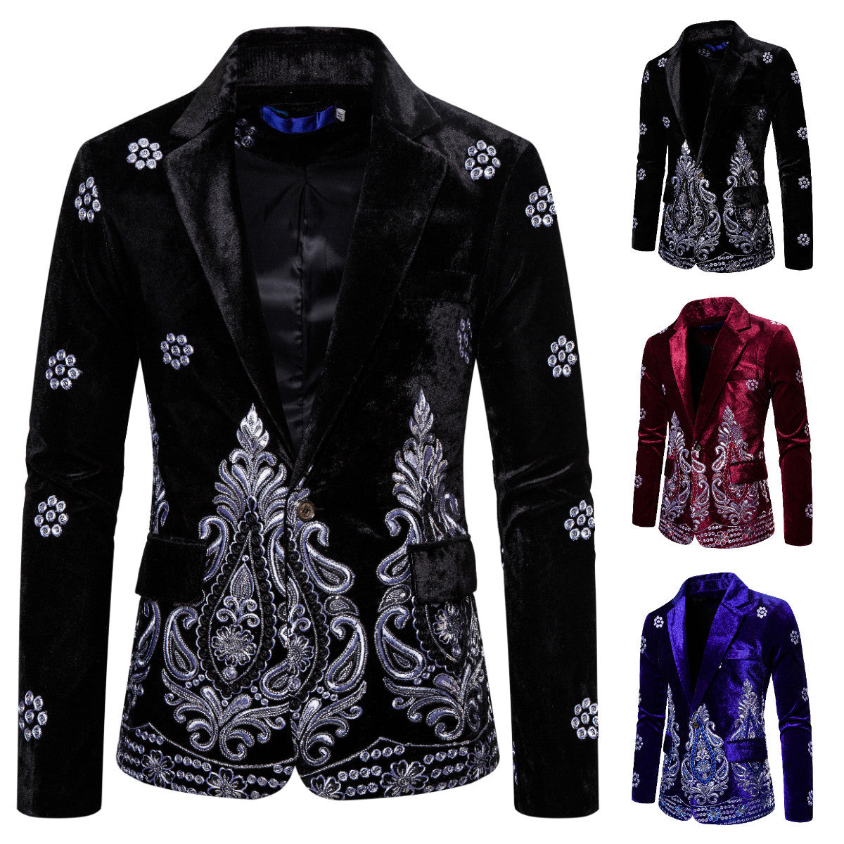 Men's Velvet Blazer with Elaborate Embroidery and Shawl Collar Chichicherry