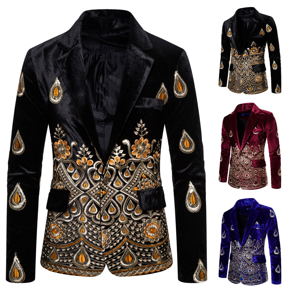 Men's Magnificent Embroidered Velvet Blazer with Ornament and Paisley Embroidery Chichicherry
