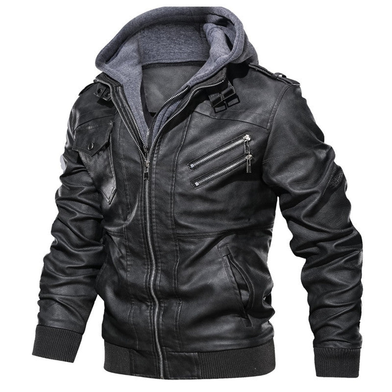 Men's faux leather bomber jacket with hood lining, zip pockets, and shoulder epaulettes Chichicherry