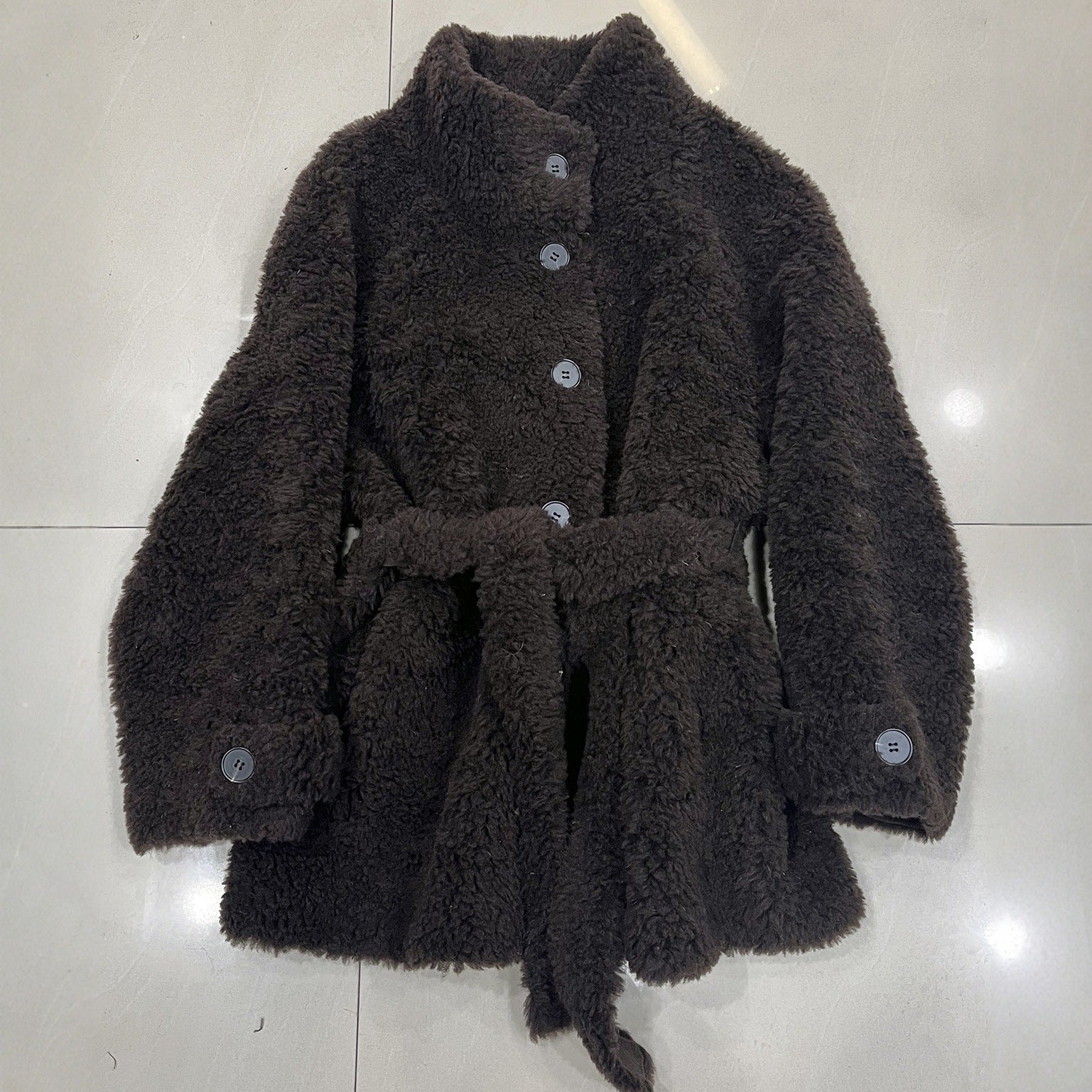Sheepskin coat with tie belt