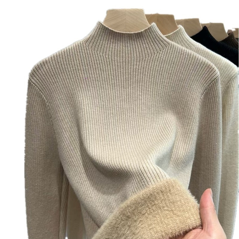 Ladies knitted sweater, lined, standing collar, warm