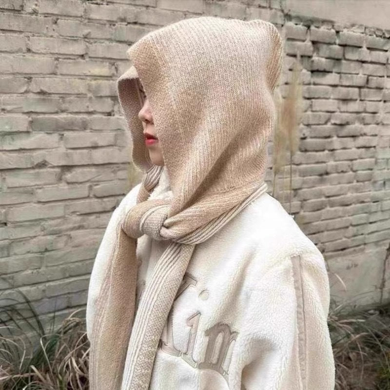Hooded scarf made of alpaca wool, striped, 192x22 cm