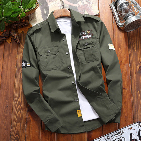 Men's utility shirt jacket with shoulder flaps, patch chest pockets, and patch applications Chichicherry
