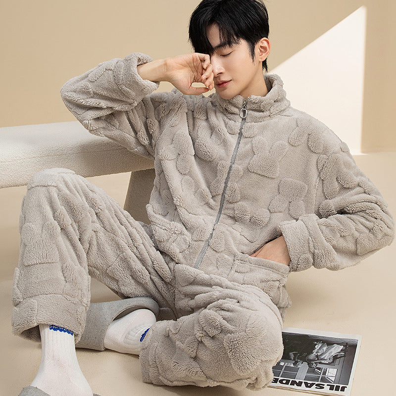 Men's Pajama Set made of coral fleece, warm and with zipper
