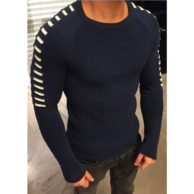 Men's Fitted Ribbed Sweater with Contrast Stripes on the Sleeves Chichicherry