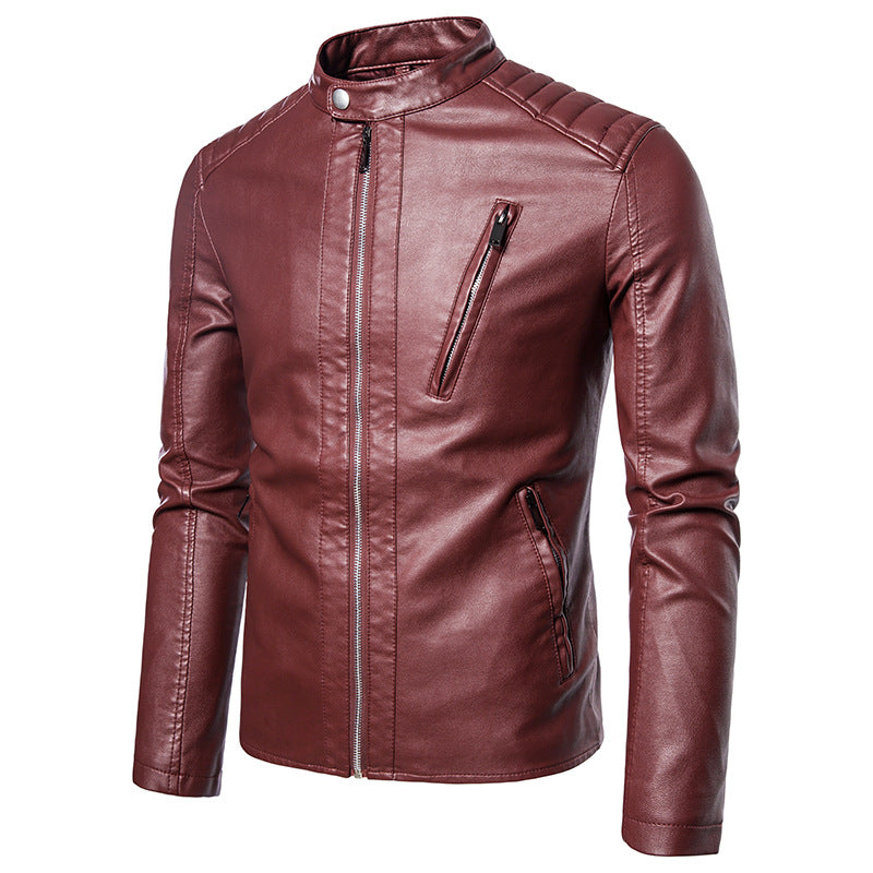 Men's Faux Leather Moto Jacket in Slim Fit with Stand Collar and Zipper Chichicherry