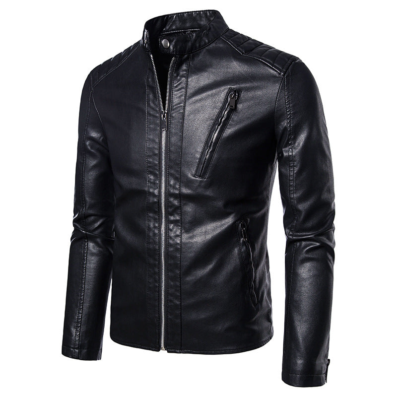 Men's Faux Leather Moto Jacket in Slim Fit with Stand Collar and Zipper Chichicherry