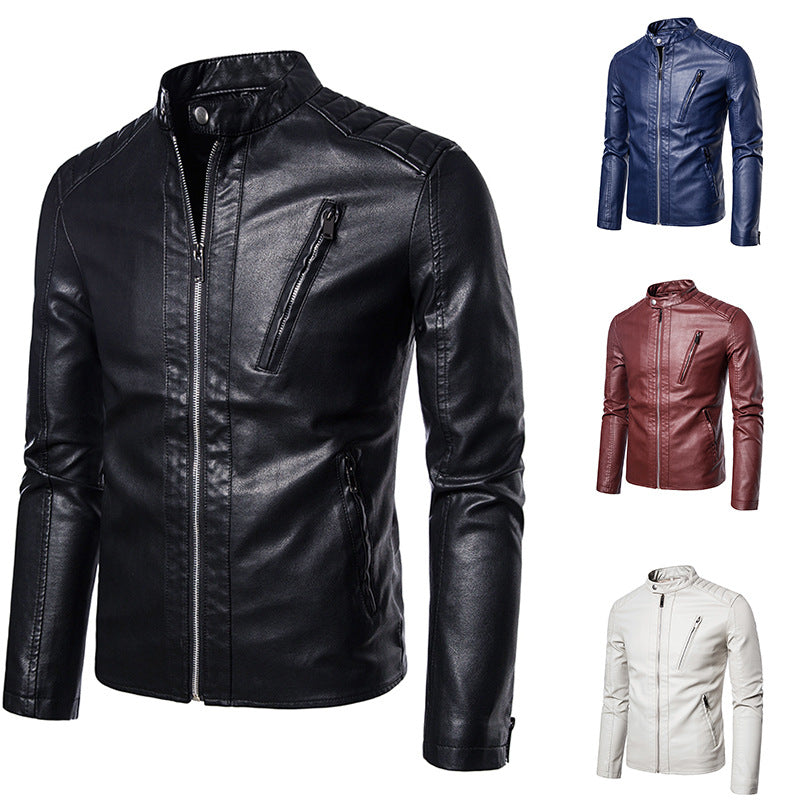 Men's Faux Leather Moto Jacket in Slim Fit with Stand Collar and Zipper Chichicherry