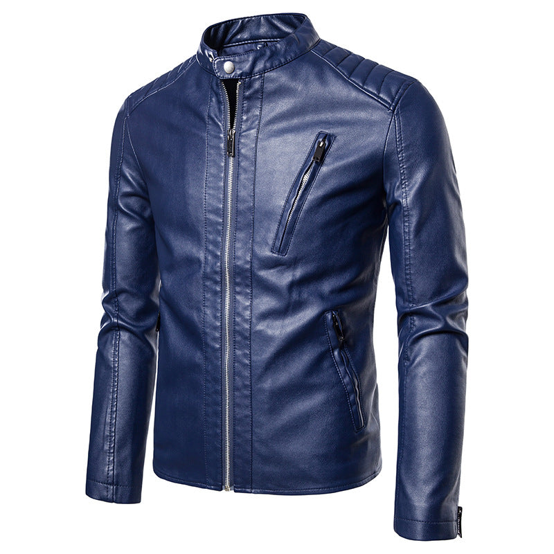 Men's Faux Leather Moto Jacket in Slim Fit with Stand Collar and Zipper Chichicherry