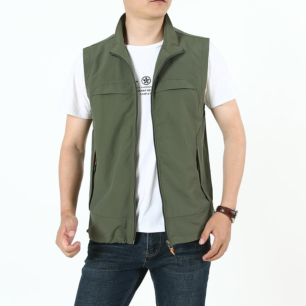 Men's Lightweight Utility Outdoor Vest with Stand-Up Collar, Full Zip and Multi-Function Pockets Chichicherry