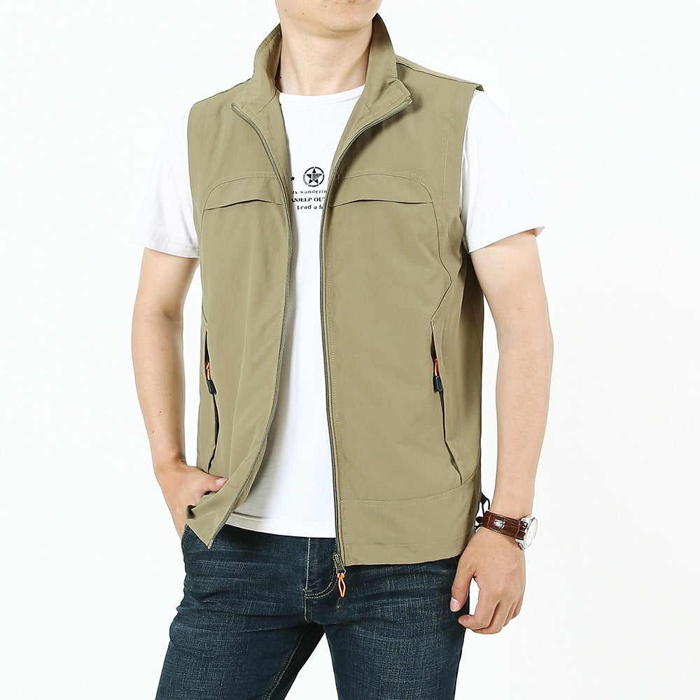 Men's Lightweight Utility Outdoor Vest with Stand-Up Collar, Full Zip and Multi-Function Pockets Chichicherry